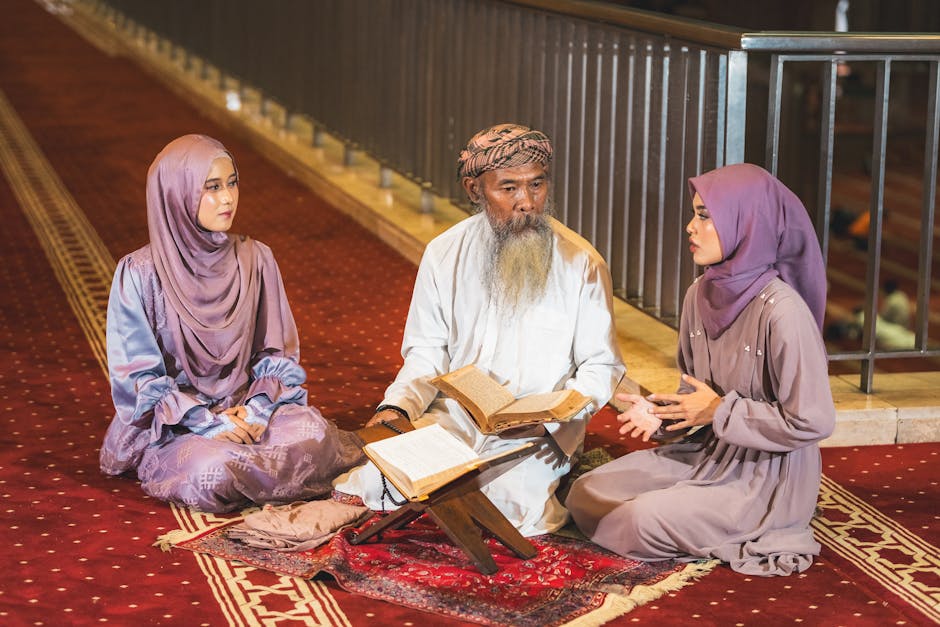 Ilustrasi seorang perempuan Muslimah yang sedang membaca buku dengan latar belakang siluet kota modern dan kaligrafi Islam yang melambangkan perpaduan antara ilmu pengetahuan, modernitas, dan nilai-nilai agama.