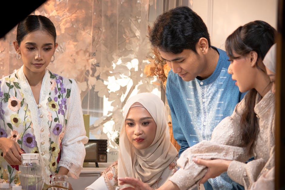 Ilustrasi seorang pemuda Muslim sedang duduk santai di taman dengan headphone di leher, menatap matahari terbenam sambil memegang buku saku, memberikan kesan tenang, reflektif, dan modern.