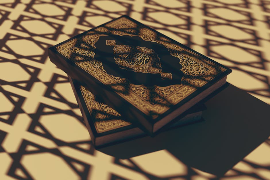 Foto sebuah mushaf Al-Quran tua yang terbuka di atas meja kayu di dalam perpustakaan klasik dengan cahaya temaram yang menyinari teks Arab, menciptakan suasana ilmiah dan spiritual yang mendalam.
